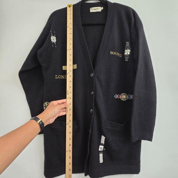 Magnolia Womens Wool Angora Cardigan Sweater M Black Embroidered ArtToWear Money - Picture 13 of 16